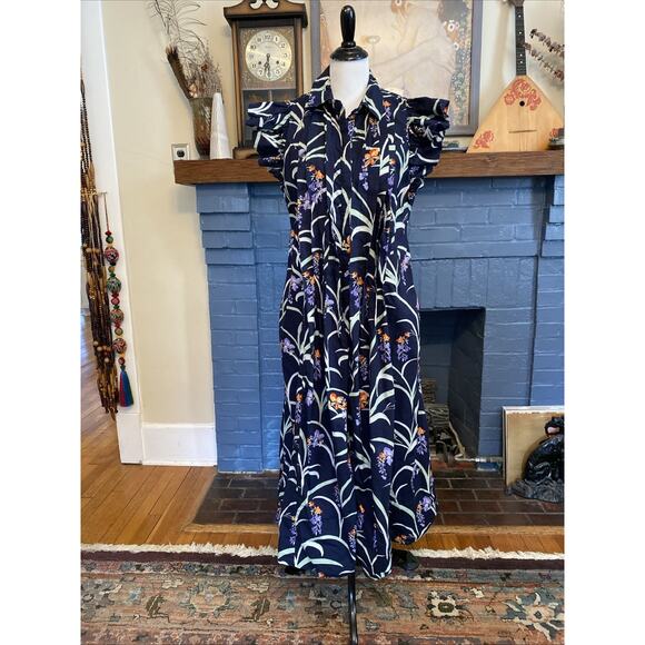 Anthropologie L Maeve Flutter-Sleeve Floral Maxi Button Down Shirt Dress No Belt - Picture 2 of 16